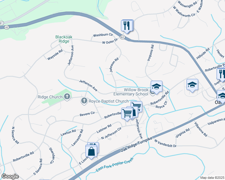 map of restaurants, bars, coffee shops, grocery stores, and more near 282 Jefferson Avenue in Oak Ridge