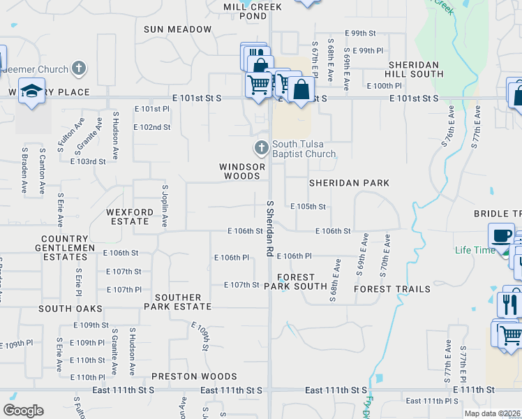 map of restaurants, bars, coffee shops, grocery stores, and more near 6308 East 105th Street in Tulsa