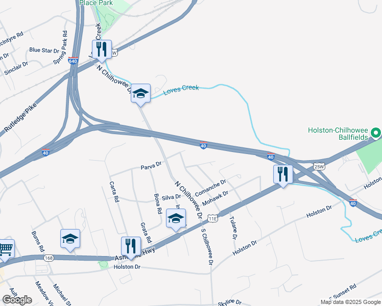 map of restaurants, bars, coffee shops, grocery stores, and more near 5208 Cayuga Drive in Knoxville