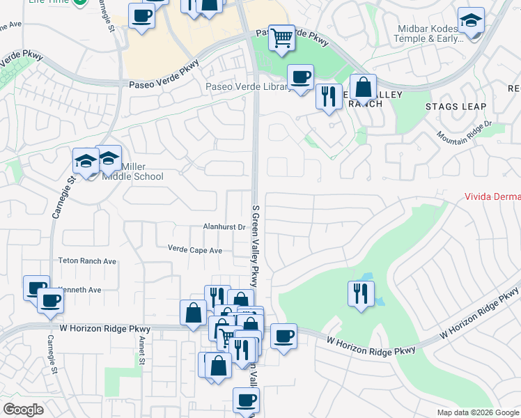 map of restaurants, bars, coffee shops, grocery stores, and more near 415 Golden State Street in Henderson