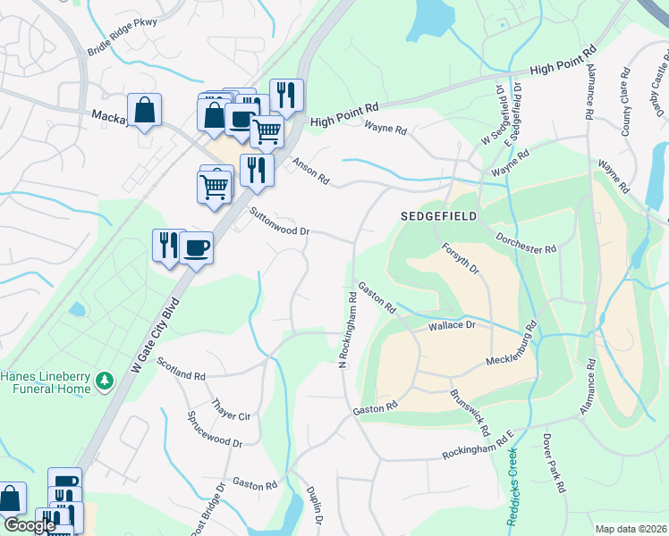 map of restaurants, bars, coffee shops, grocery stores, and more near 3306 North Rockingham Road in Greensboro