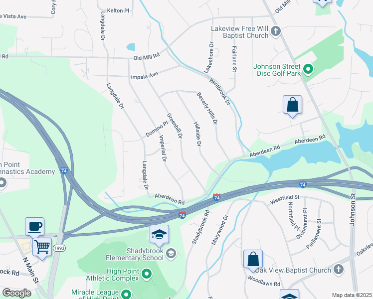 map of restaurants, bars, coffee shops, grocery stores, and more near 3422 Greenhill Drive in High Point