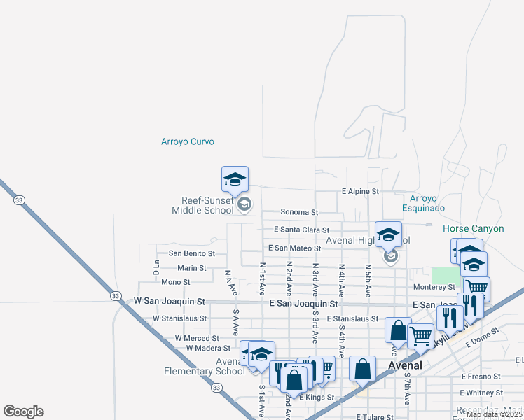 map of restaurants, bars, coffee shops, grocery stores, and more near 608 North 1st Avenue in Avenal