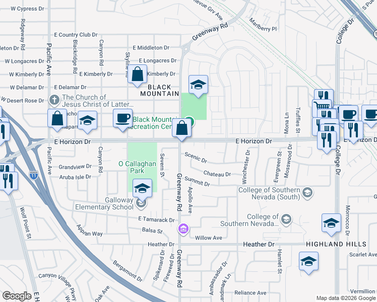 map of restaurants, bars, coffee shops, grocery stores, and more near 405 Scenic Drive in Henderson