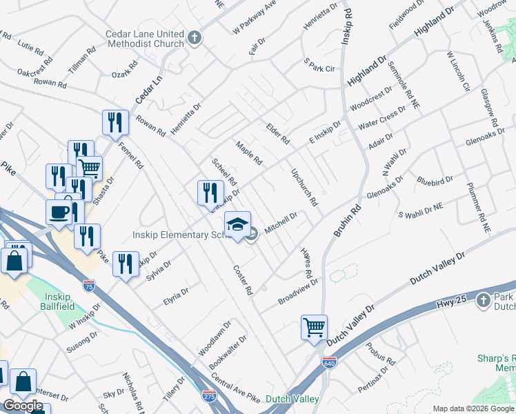 map of restaurants, bars, coffee shops, grocery stores, and more near 620 East Inskip Drive in Knoxville