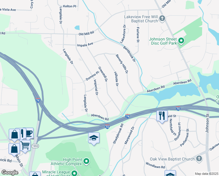 map of restaurants, bars, coffee shops, grocery stores, and more near 3422 Greenhill Drive in High Point