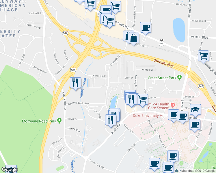 map of restaurants, bars, coffee shops, grocery stores, and more near 621 South LaSalle Street in Durham