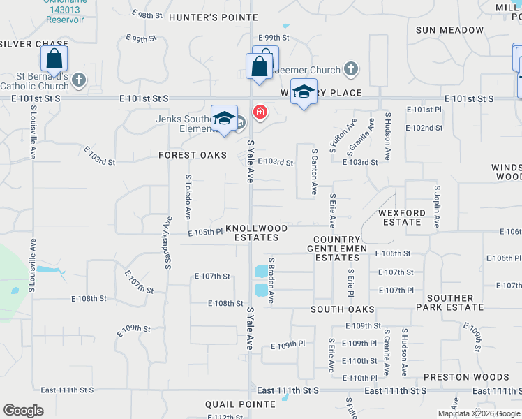 map of restaurants, bars, coffee shops, grocery stores, and more near 4906 East 104th Place in Tulsa