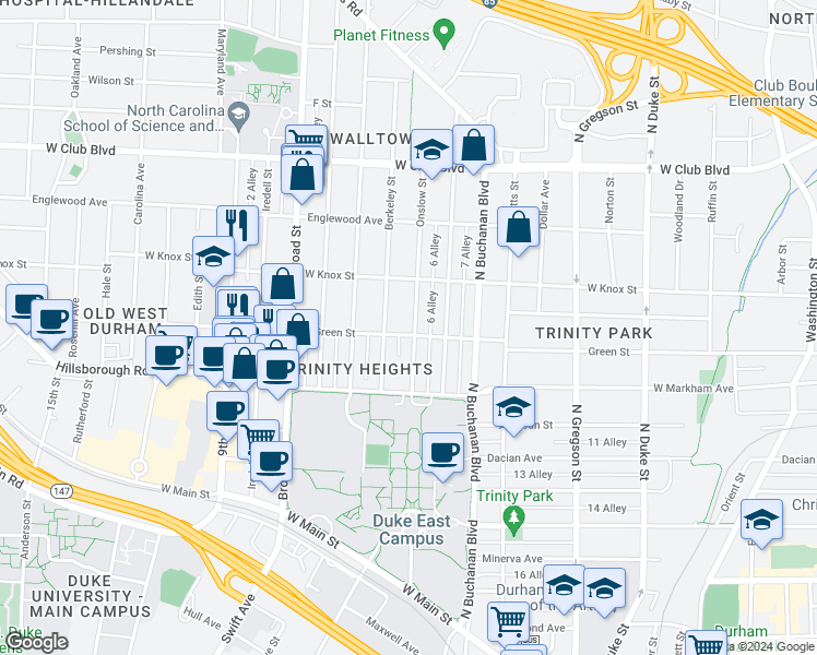 map of restaurants, bars, coffee shops, grocery stores, and more near 903 Onslow Street in Durham