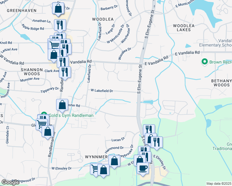 map of restaurants, bars, coffee shops, grocery stores, and more near 117 West Lakefield Drive in Greensboro