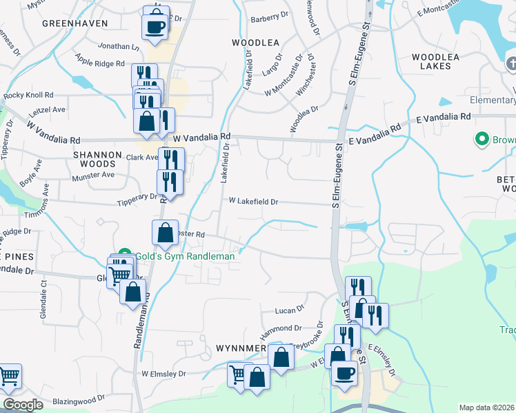 map of restaurants, bars, coffee shops, grocery stores, and more near 303 Brook Pine Drive in Greensboro