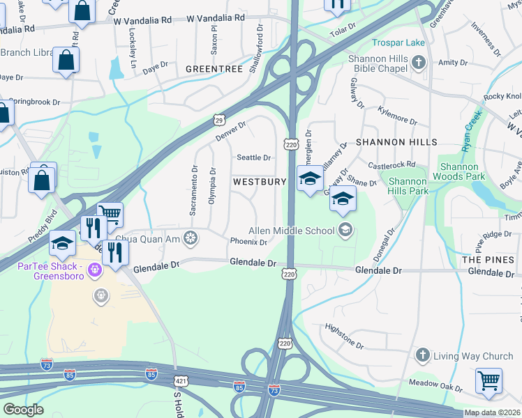 map of restaurants, bars, coffee shops, grocery stores, and more near 4303 Santa Fe Trail in Greensboro