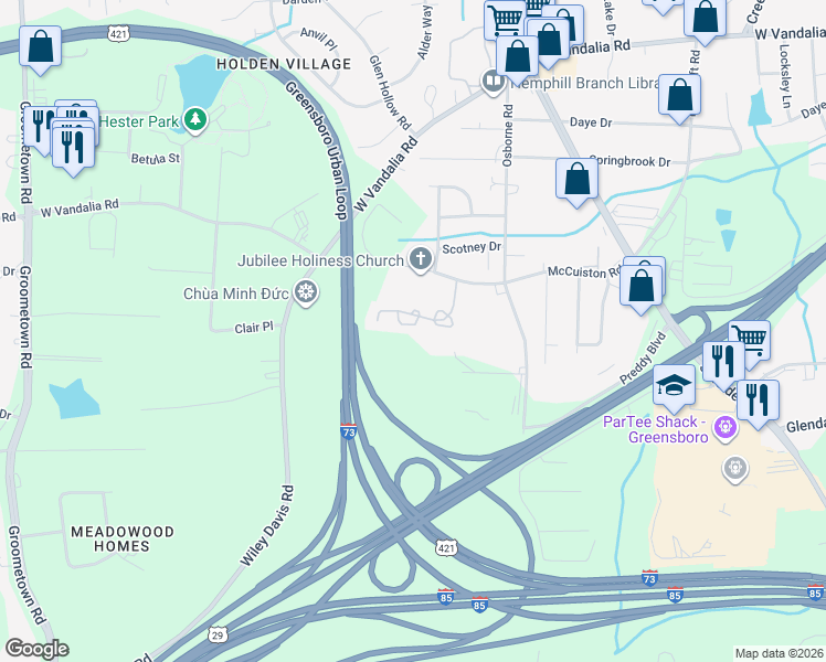 map of restaurants, bars, coffee shops, grocery stores, and more near 26 Covington Place in Greensboro