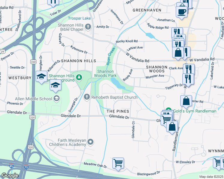 map of restaurants, bars, coffee shops, grocery stores, and more near 3103 Pine Cone Trail in Greensboro