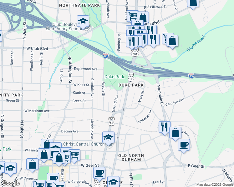 map of restaurants, bars, coffee shops, grocery stores, and more near 25 West Knox Street in Durham