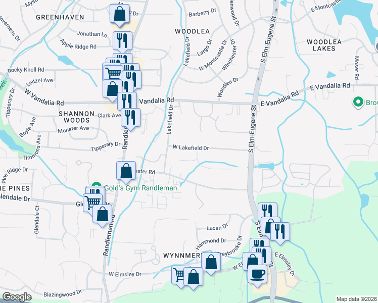 map of restaurants, bars, coffee shops, grocery stores, and more near 303 Brook Pine Drive in Greensboro