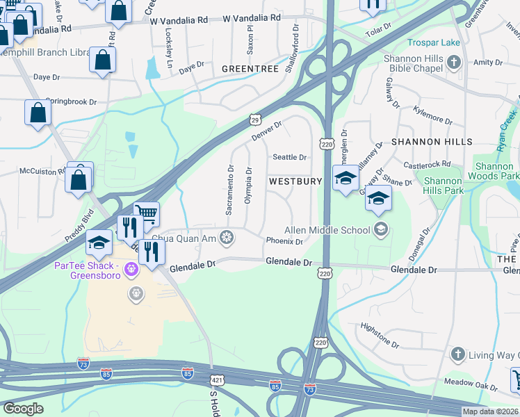 map of restaurants, bars, coffee shops, grocery stores, and more near 4405 Tucson Drive in Greensboro