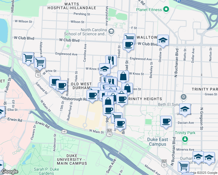 map of restaurants, bars, coffee shops, grocery stores, and more near 1998 Green Street in Durham