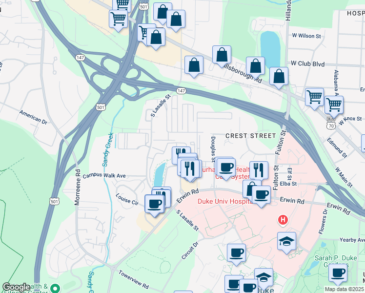map of restaurants, bars, coffee shops, grocery stores, and more near 12204 McQueen Drive in Durham