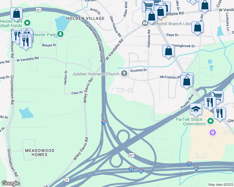 map of restaurants, bars, coffee shops, grocery stores, and more near 3607 McCuiston Road in Greensboro