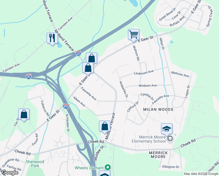 map of restaurants, bars, coffee shops, grocery stores, and more near 1121 Midland Terrace in Durham