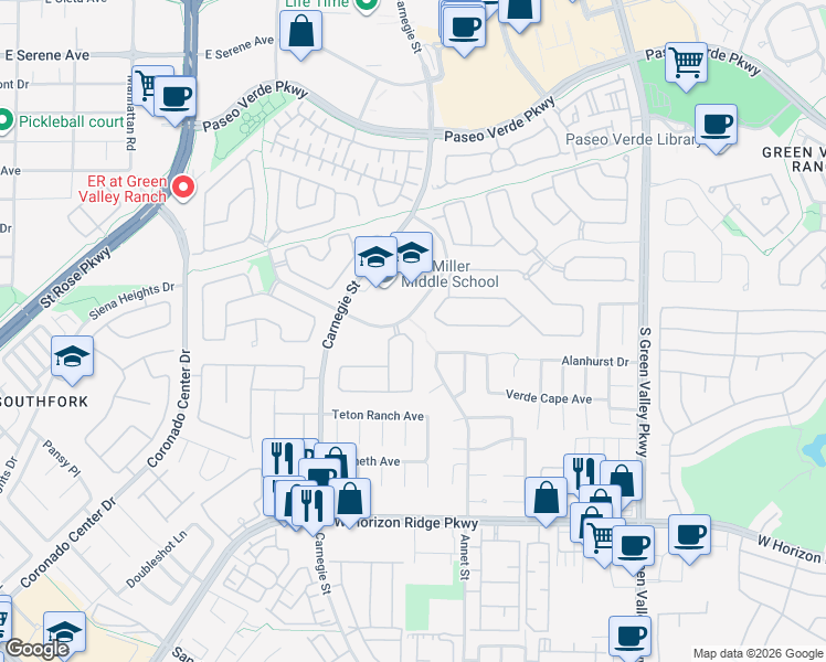 map of restaurants, bars, coffee shops, grocery stores, and more near 2398 Goldfire Circle in Henderson