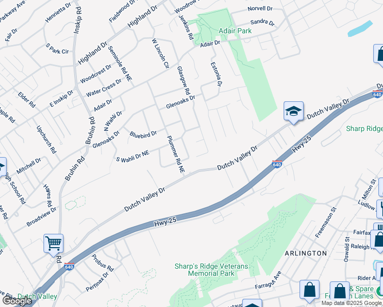 map of restaurants, bars, coffee shops, grocery stores, and more near 1312 East Walnut Grove Drive in Knoxville