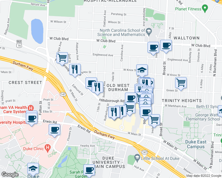 map of restaurants, bars, coffee shops, grocery stores, and more near 2401 Green Street in Durham