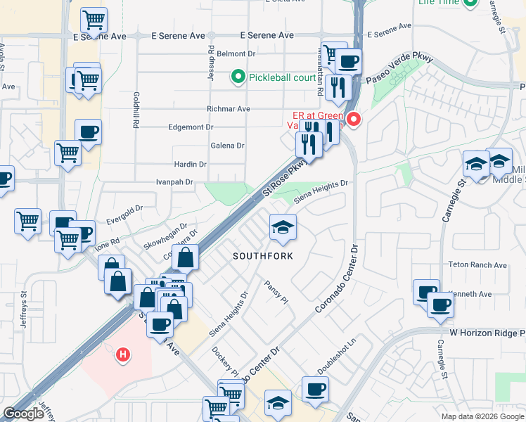 map of restaurants, bars, coffee shops, grocery stores, and more near 501 Satin Saddle Place in Henderson