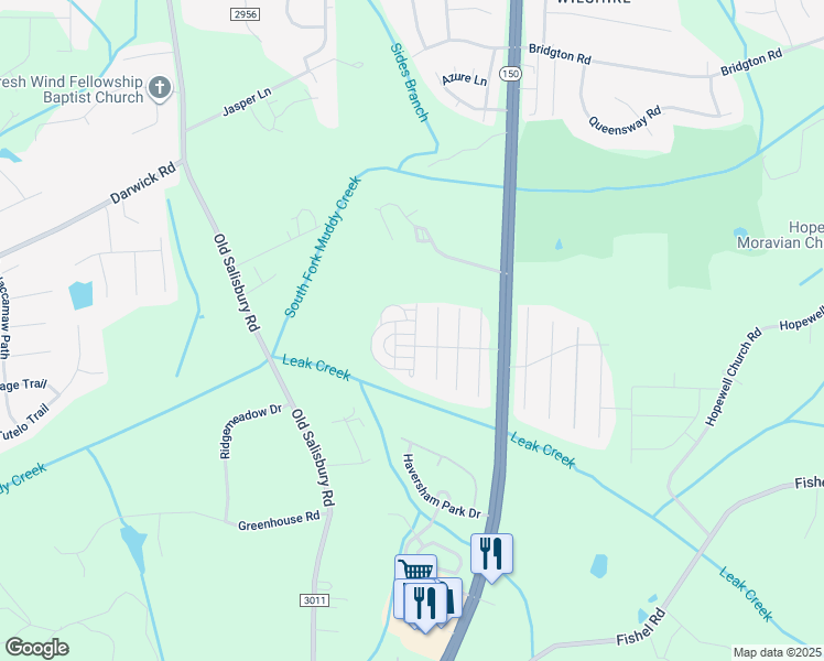 map of restaurants, bars, coffee shops, grocery stores, and more near 1708 Overcreek Circle in Winston-Salem