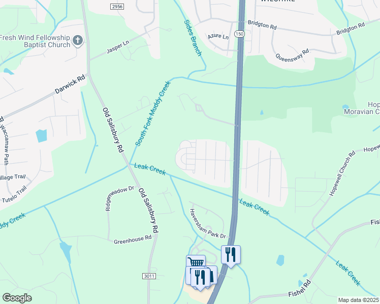 map of restaurants, bars, coffee shops, grocery stores, and more near 1716 Overcreek Circle in Winston-Salem