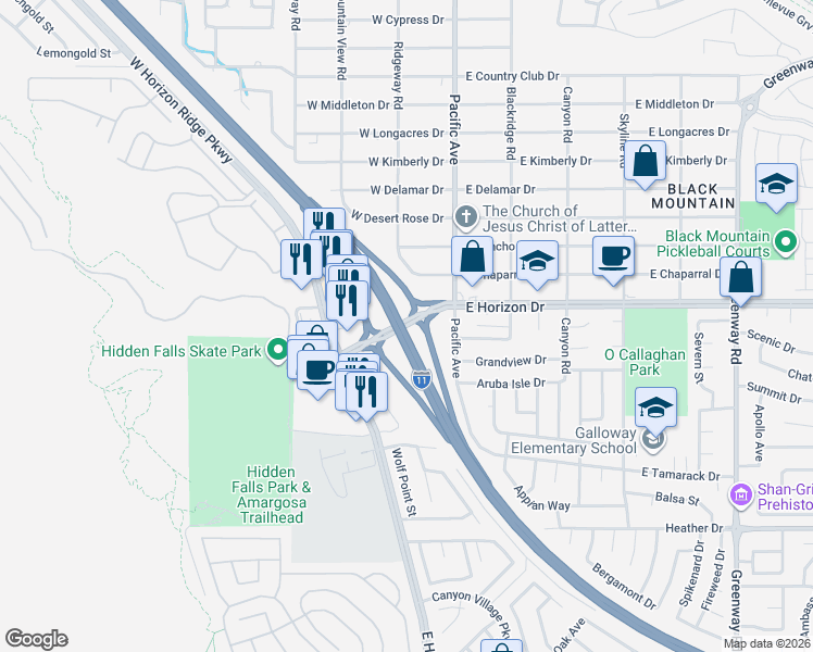 map of restaurants, bars, coffee shops, grocery stores, and more near 231 West Horizon Drive in Henderson