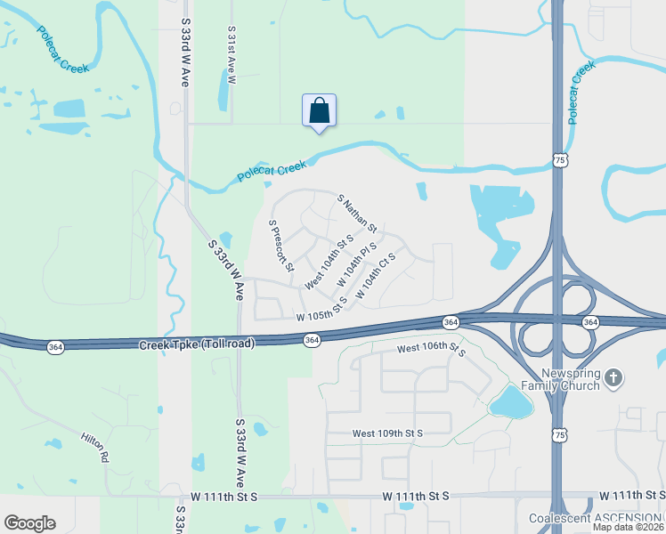 map of restaurants, bars, coffee shops, grocery stores, and more near 4014 West 104th Street South in Jenks