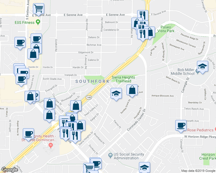 map of restaurants, bars, coffee shops, grocery stores, and more near 501 Satin Saddle Place in Henderson