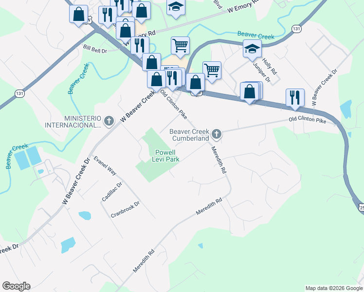 map of restaurants, bars, coffee shops, grocery stores, and more near 3538 Pebblebrook Way in Knoxville
