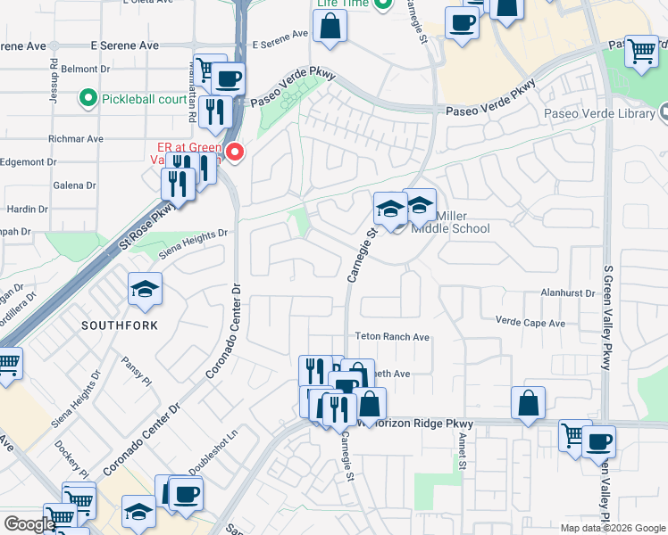 map of restaurants, bars, coffee shops, grocery stores, and more near 2515 Silver Beach Drive in Henderson