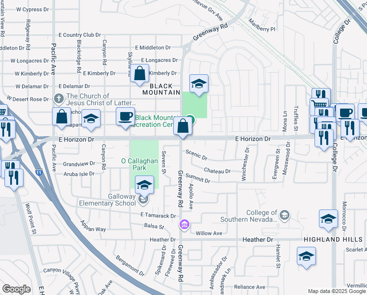 map of restaurants, bars, coffee shops, grocery stores, and more near 401 Scenic Drive in Henderson
