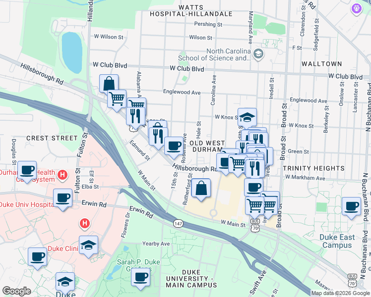 map of restaurants, bars, coffee shops, grocery stores, and more near 2505 Green Street in Durham