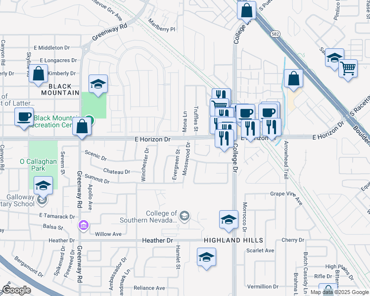 map of restaurants, bars, coffee shops, grocery stores, and more near 601 Mosswood Drive in Henderson