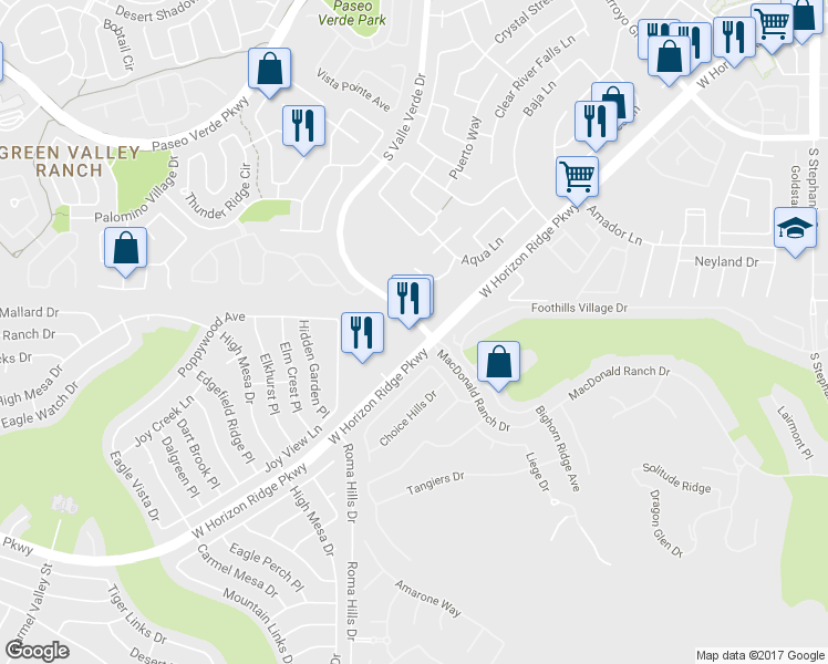 map of restaurants, bars, coffee shops, grocery stores, and more near 1716 West Horizon Ridge Parkway in Henderson