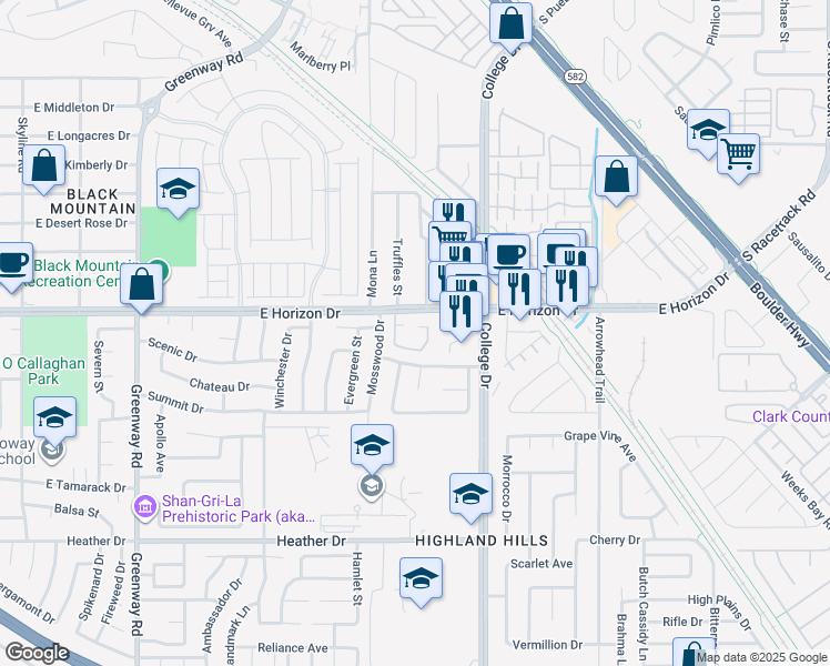 map of restaurants, bars, coffee shops, grocery stores, and more near 640 East Horizon Drive in Henderson