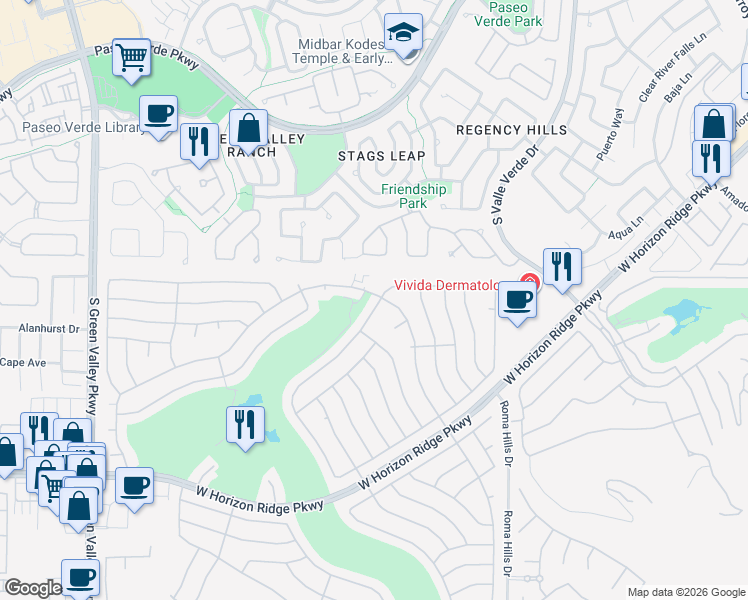 map of restaurants, bars, coffee shops, grocery stores, and more near 2052 Poppywood Avenue in Henderson