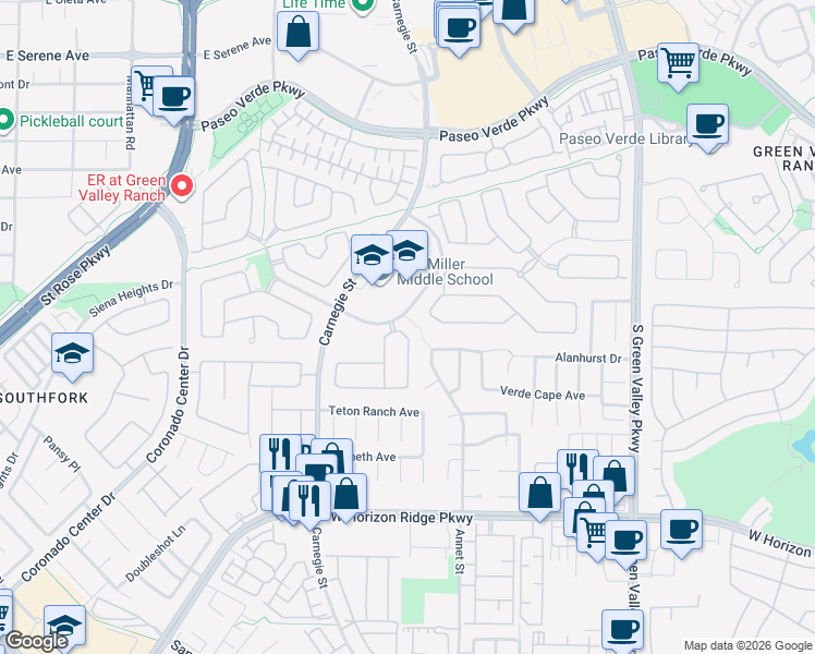 map of restaurants, bars, coffee shops, grocery stores, and more near 2398 Goldfire Circle in Henderson
