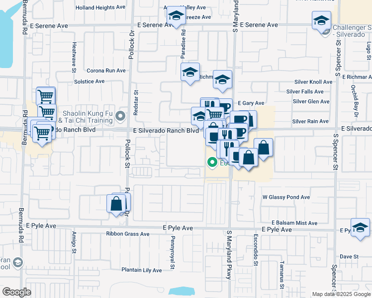 map of restaurants, bars, coffee shops, grocery stores, and more near 1055 East Silverado Ranch Boulevard in Las Vegas