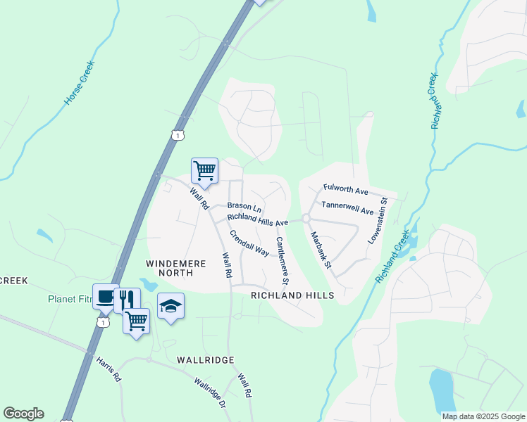 map of restaurants, bars, coffee shops, grocery stores, and more near 1100 Richland Hills Avenue in Wake Forest