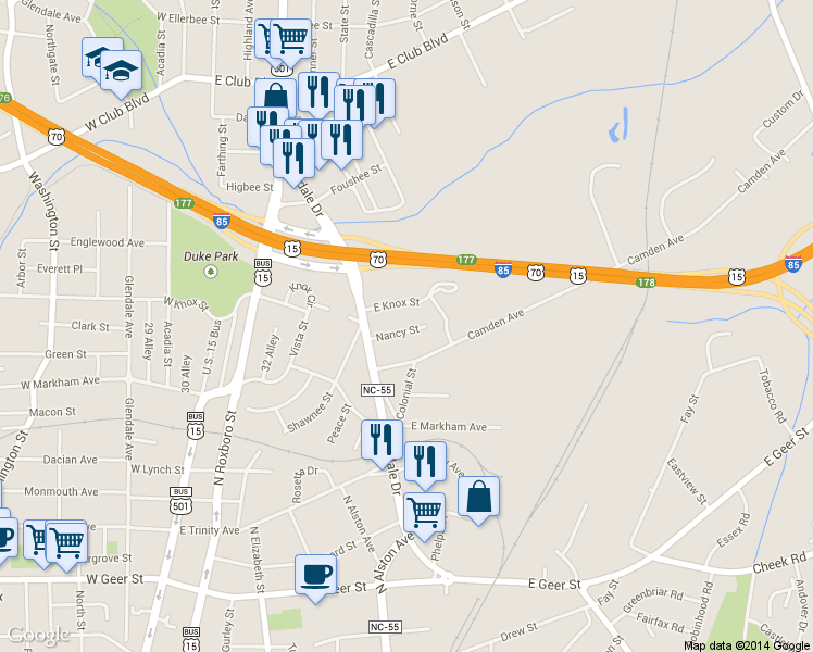 map of restaurants, bars, coffee shops, grocery stores, and more near 819 Nancy Street in Durham
