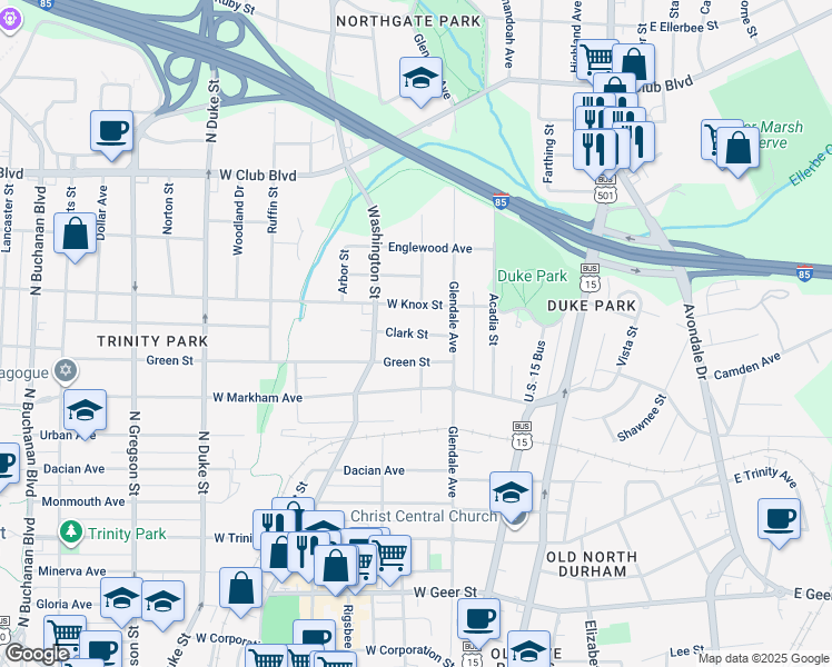 map of restaurants, bars, coffee shops, grocery stores, and more near 312 Clark Street in Durham