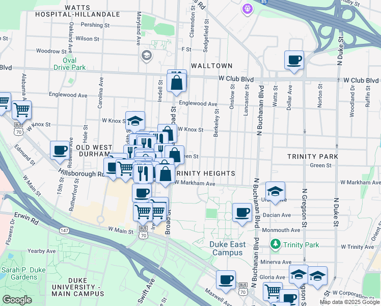 map of restaurants, bars, coffee shops, grocery stores, and more near 1610 Green Street in Durham