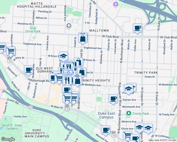 map of restaurants, bars, coffee shops, grocery stores, and more near 1610 Green Street in Durham