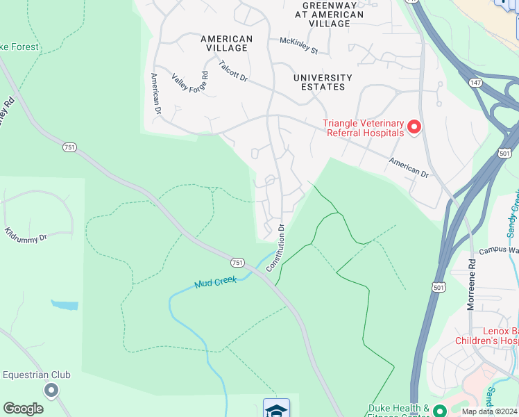 map of restaurants, bars, coffee shops, grocery stores, and more near 100 Constitution Drive in Durham